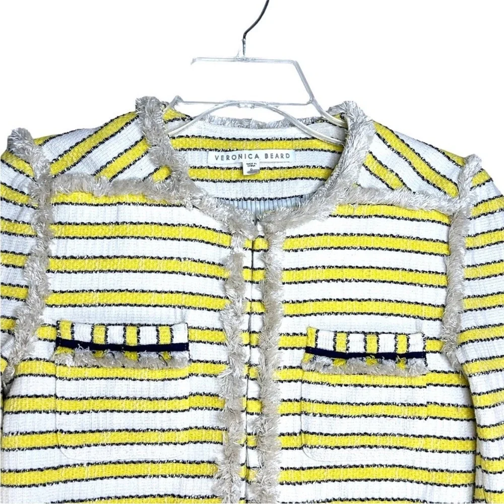 Veronica Beard Talie Tweed Blazer Yellow White Striped Frayed Trim Size 0 - Picture 5 of 12